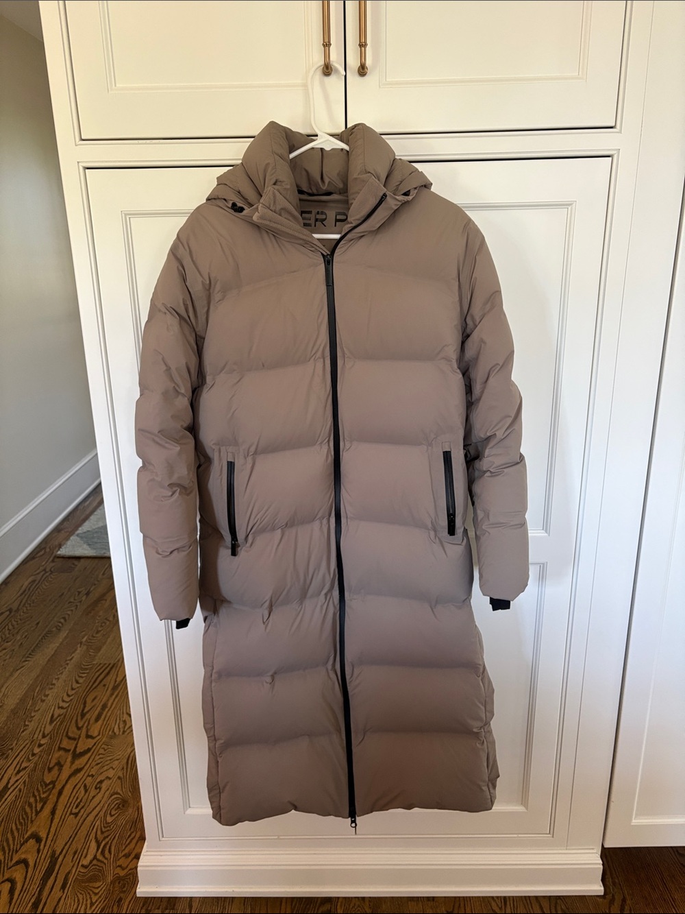 Aritzia Long Puffer Coat in Taupe